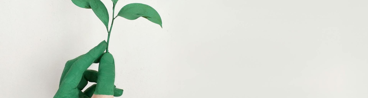 a hand half painted green holding a plant